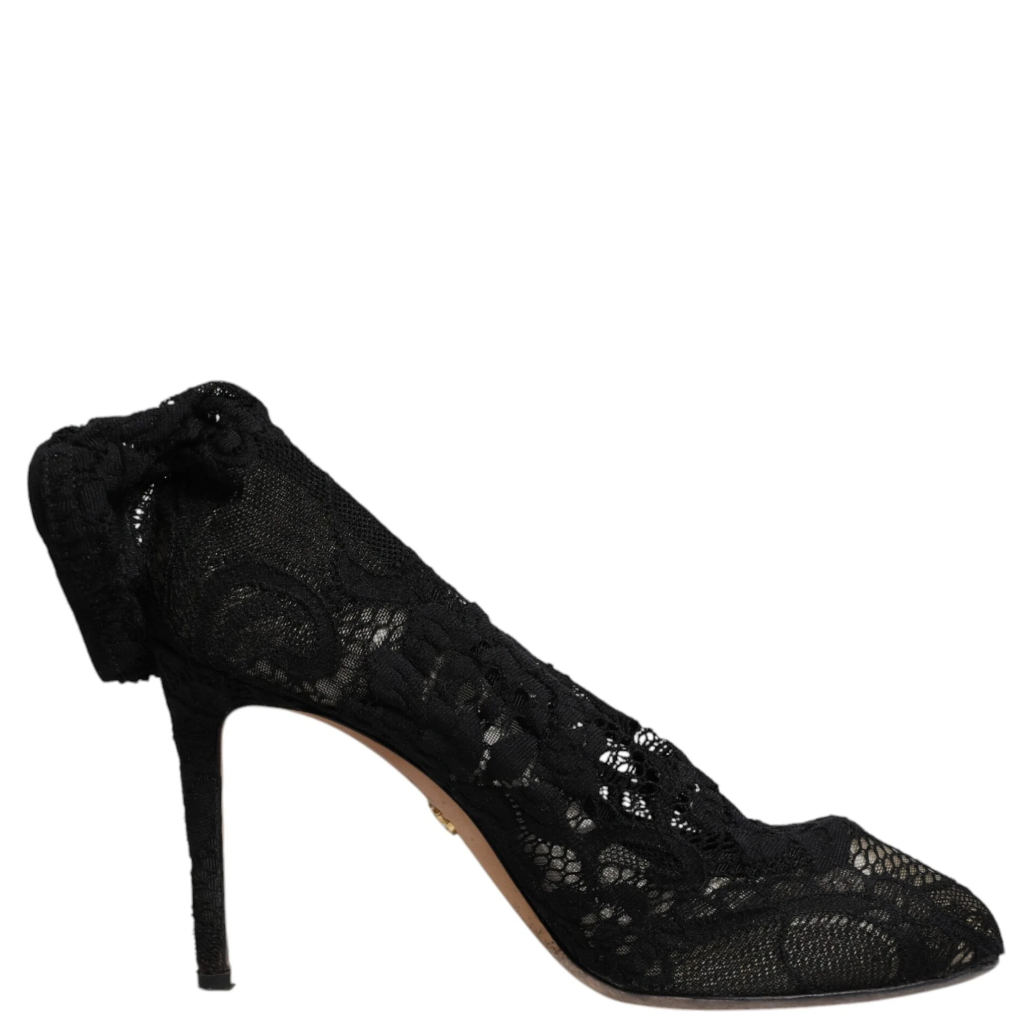 Black Lace Stretch Heels Mid Calf Boots Shoes