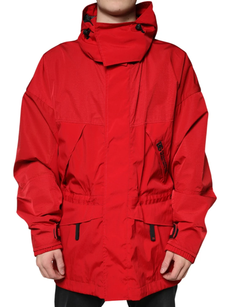 Red Nylon Hooded Men Full Zip Parka Jacket