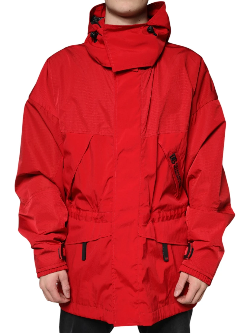 Red Nylon Hooded Men Full Zip Parka Jacket