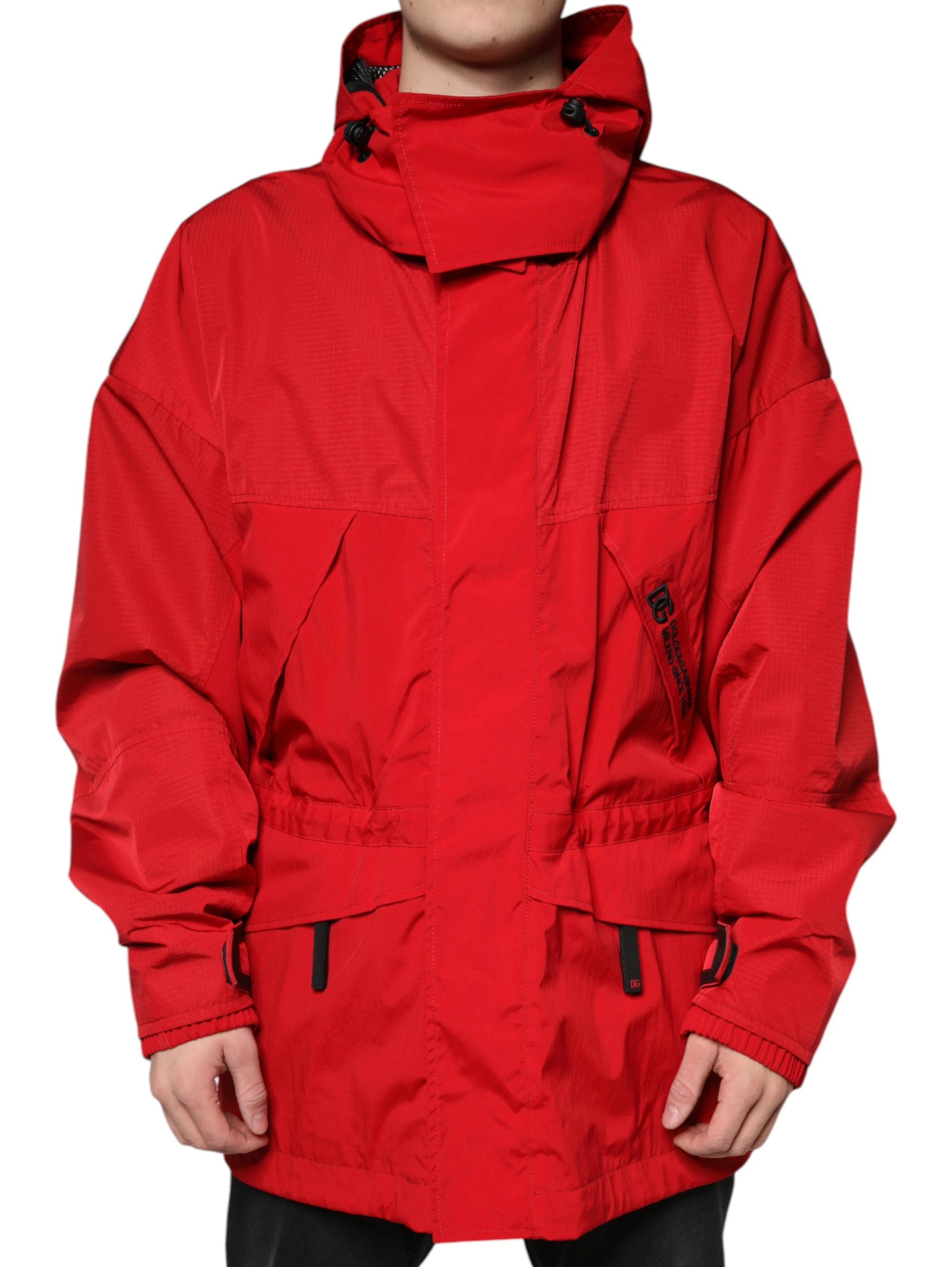 Red Nylon Hooded Men Full Zip Parka Jacket