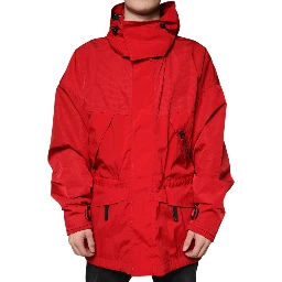 Red Nylon Hooded Men Full Zip Parka Jacket