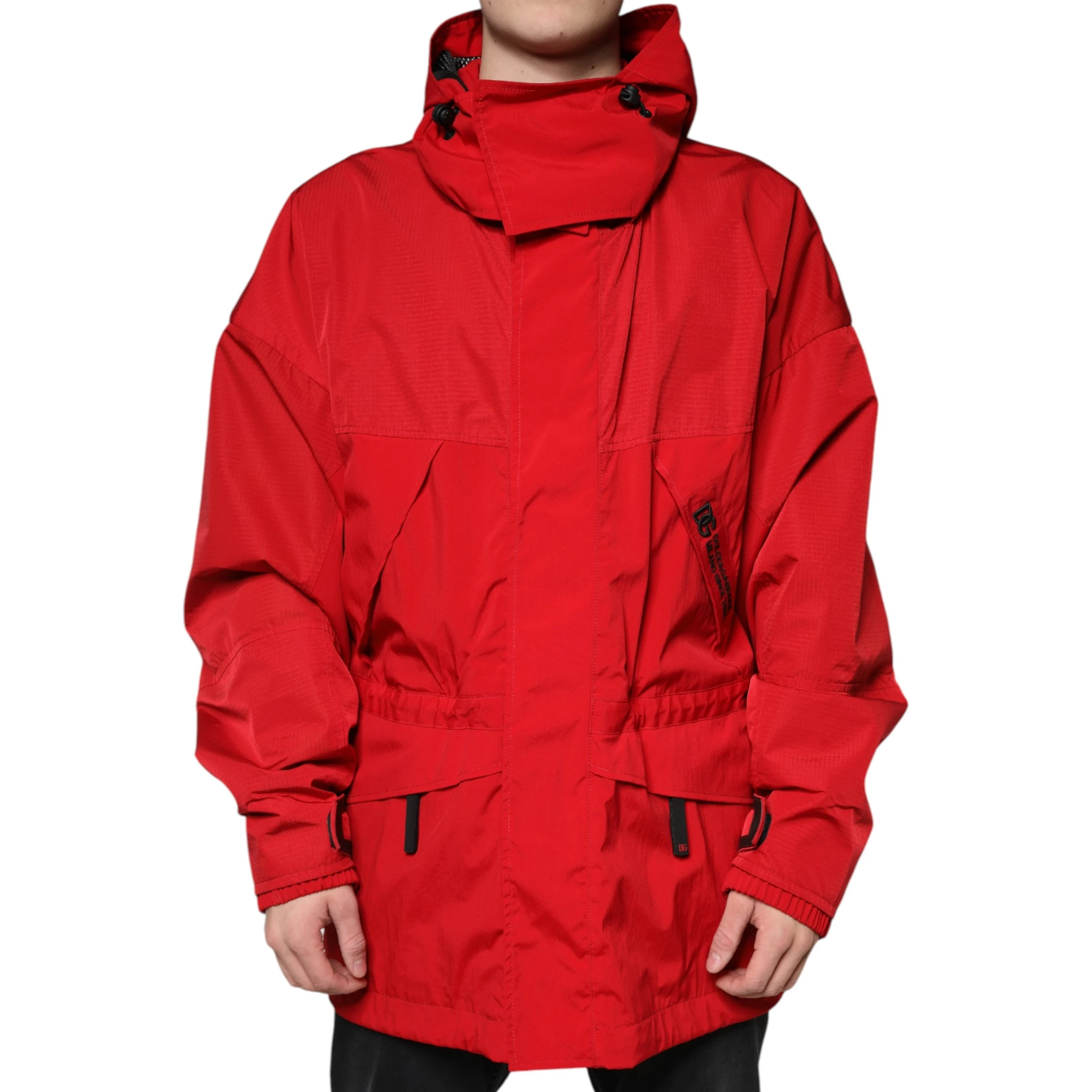 Red Nylon Hooded Men Full Zip Parka Jacket