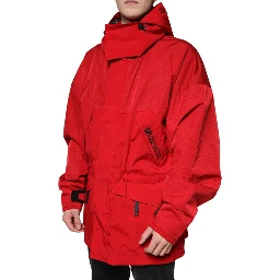 Red Nylon Hooded Men Full Zip Parka Jacket