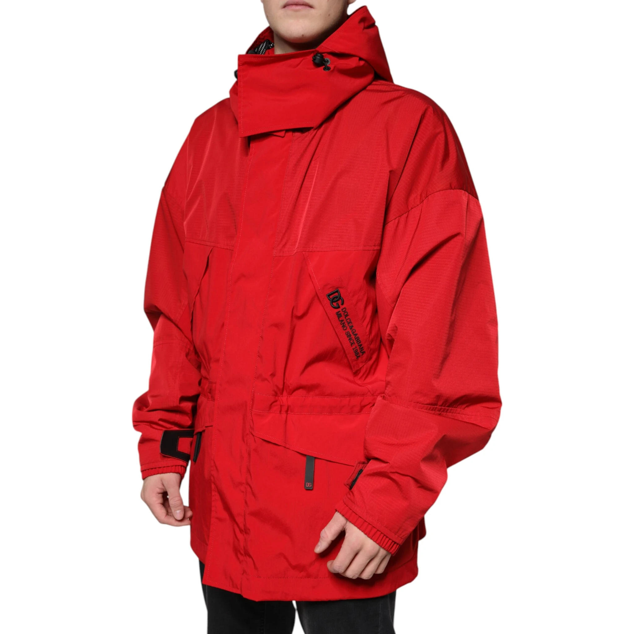 Red Nylon Hooded Men Full Zip Parka Jacket