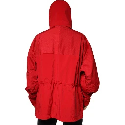 Red Nylon Hooded Men Full Zip Parka Jacket
