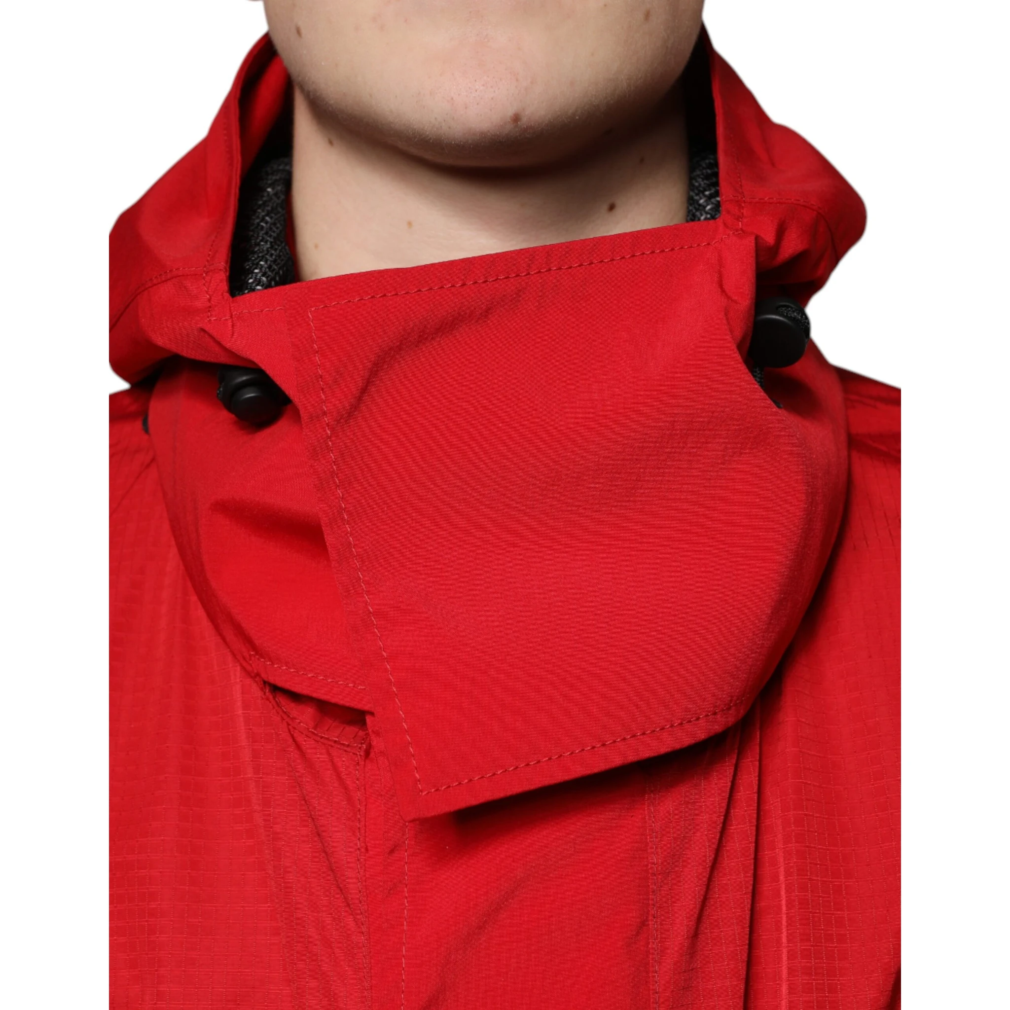 Red Nylon Hooded Men Full Zip Parka Jacket