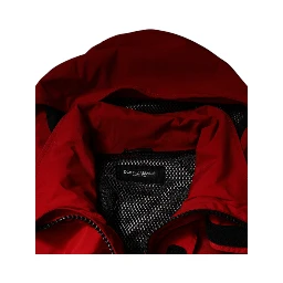 Red Nylon Hooded Men Full Zip Parka Jacket