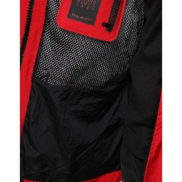 Red Nylon Hooded Men Full Zip Parka Jacket