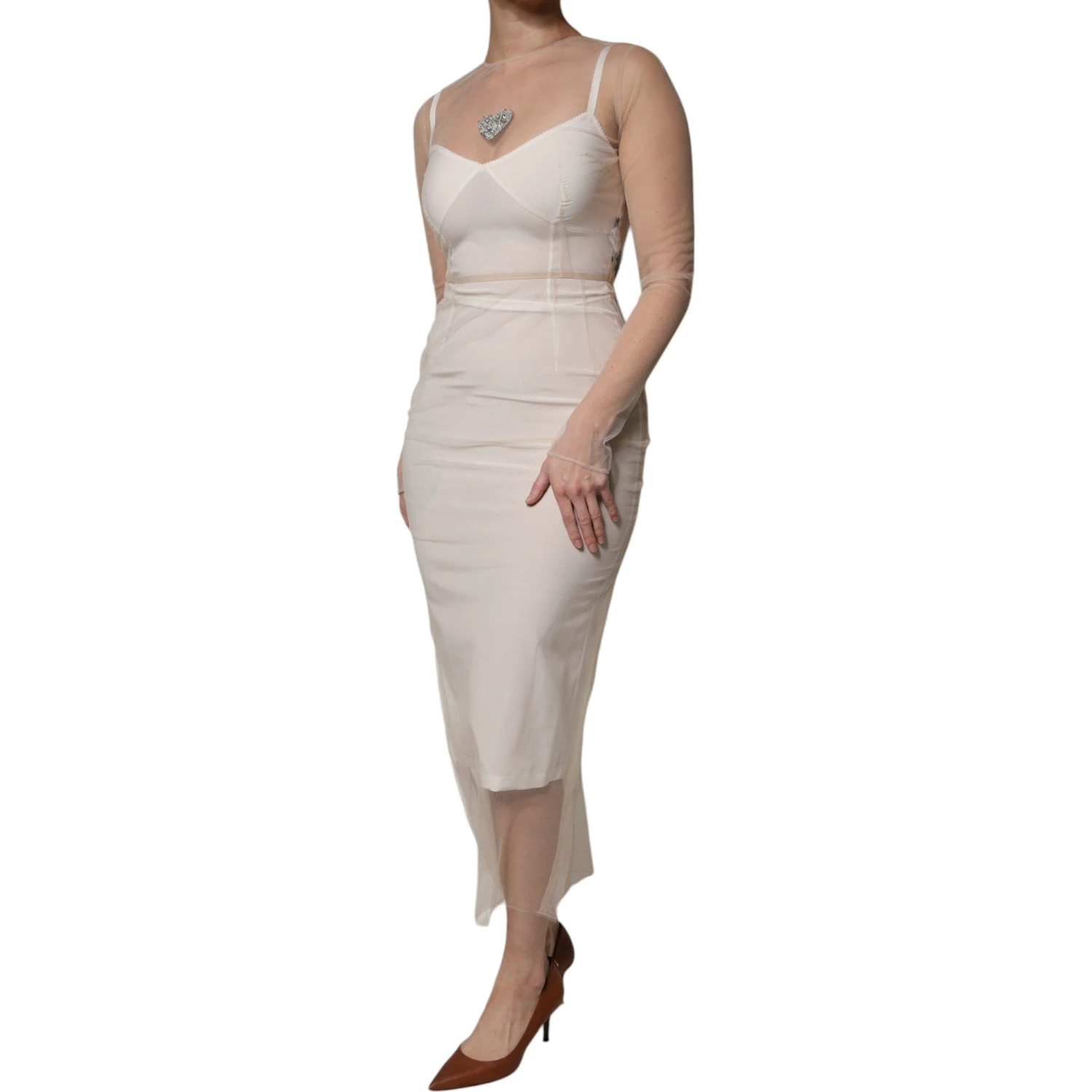 White Sheer Tulle Bustier Bodycon Midi Dress