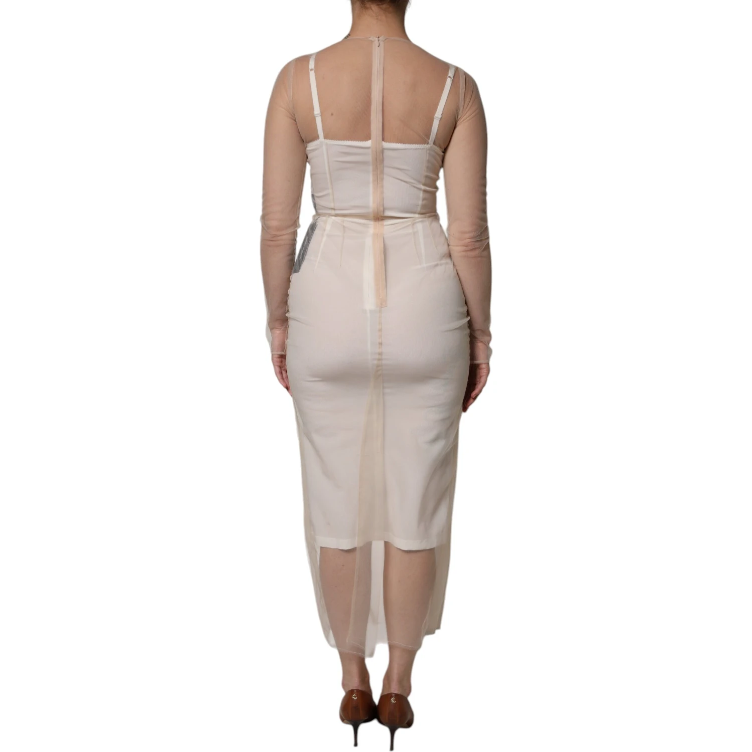 White Sheer Tulle Bustier Bodycon Midi Dress