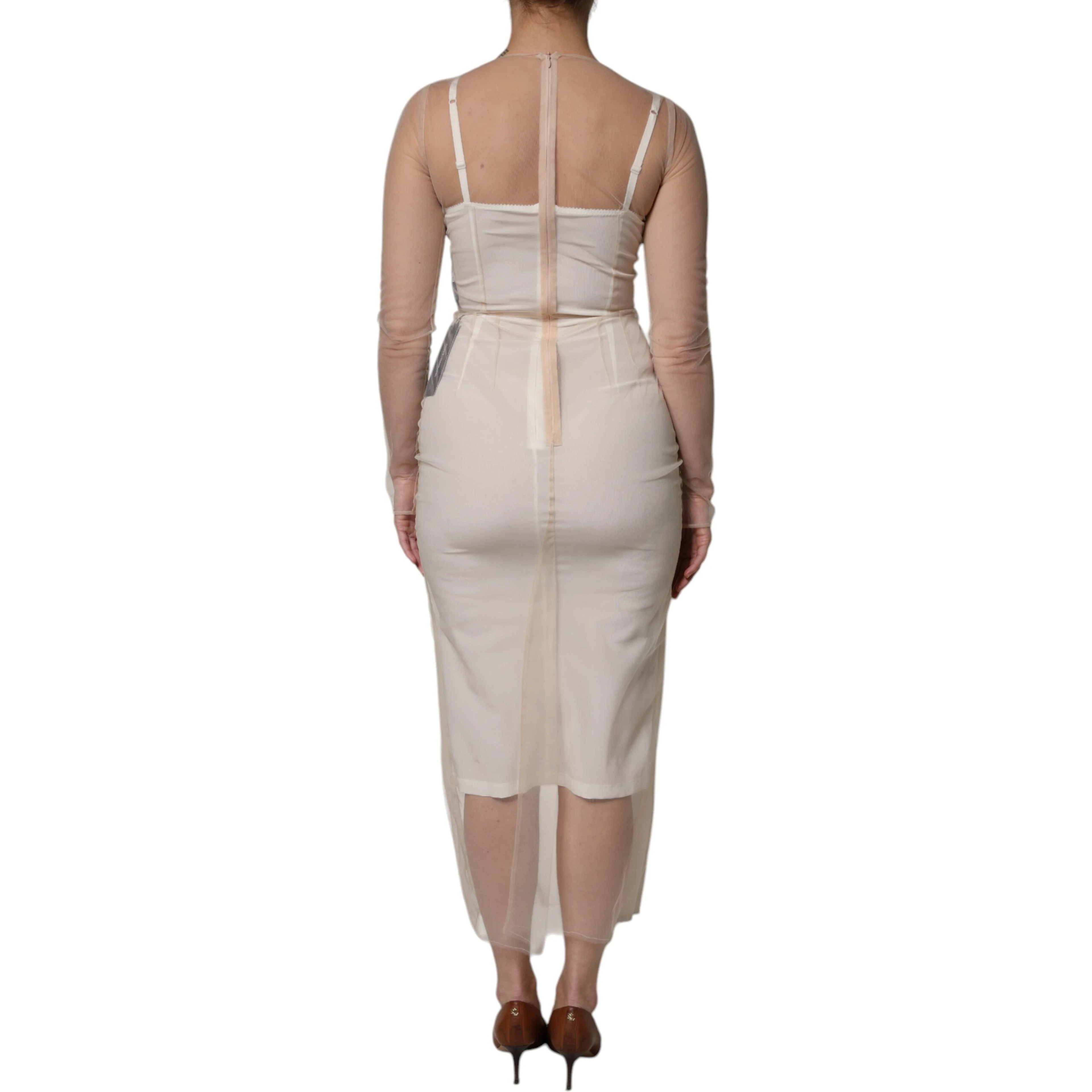 White Sheer Tulle Bustier Bodycon Midi Dress