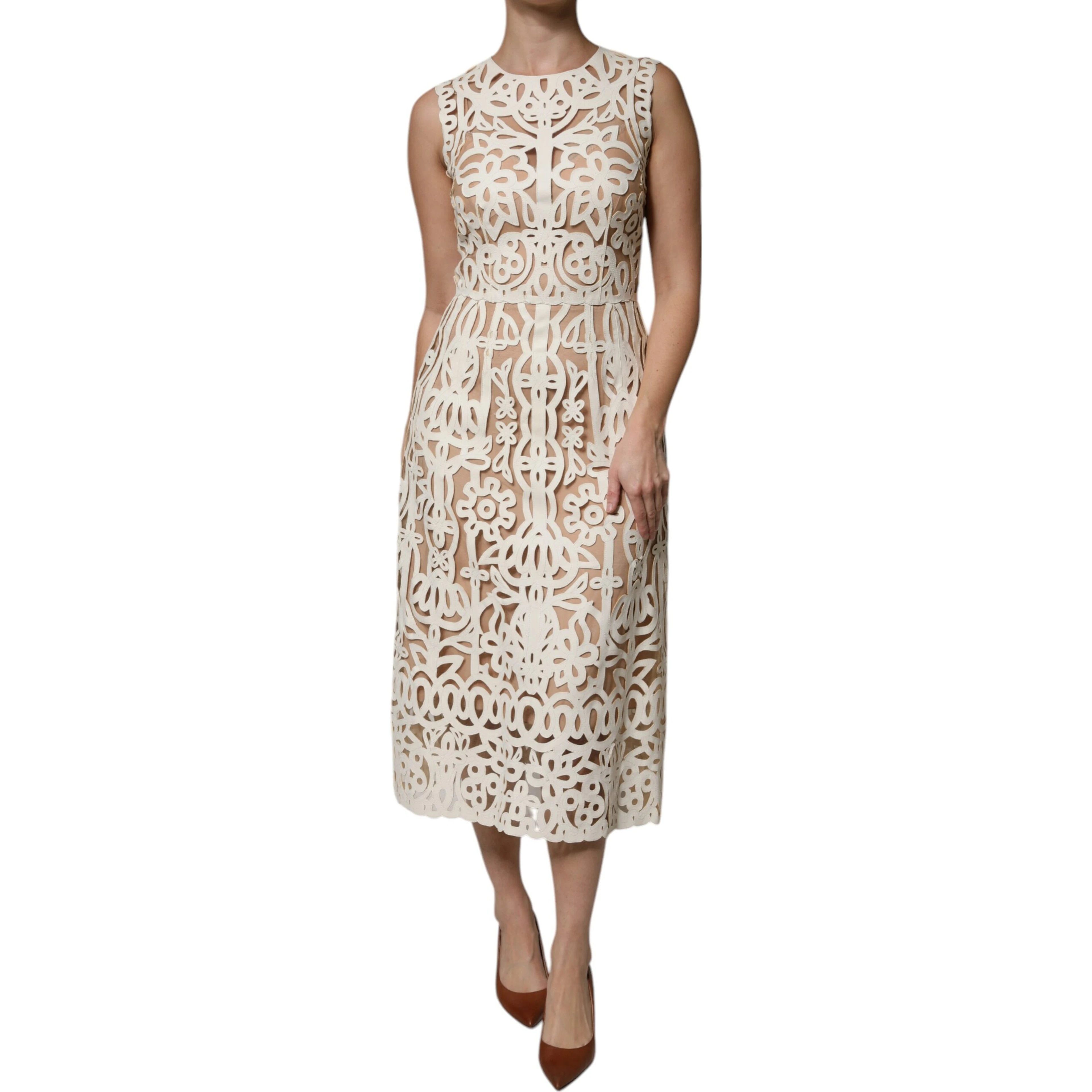 White Cut Out Leather Sleeveless Midi Dress
