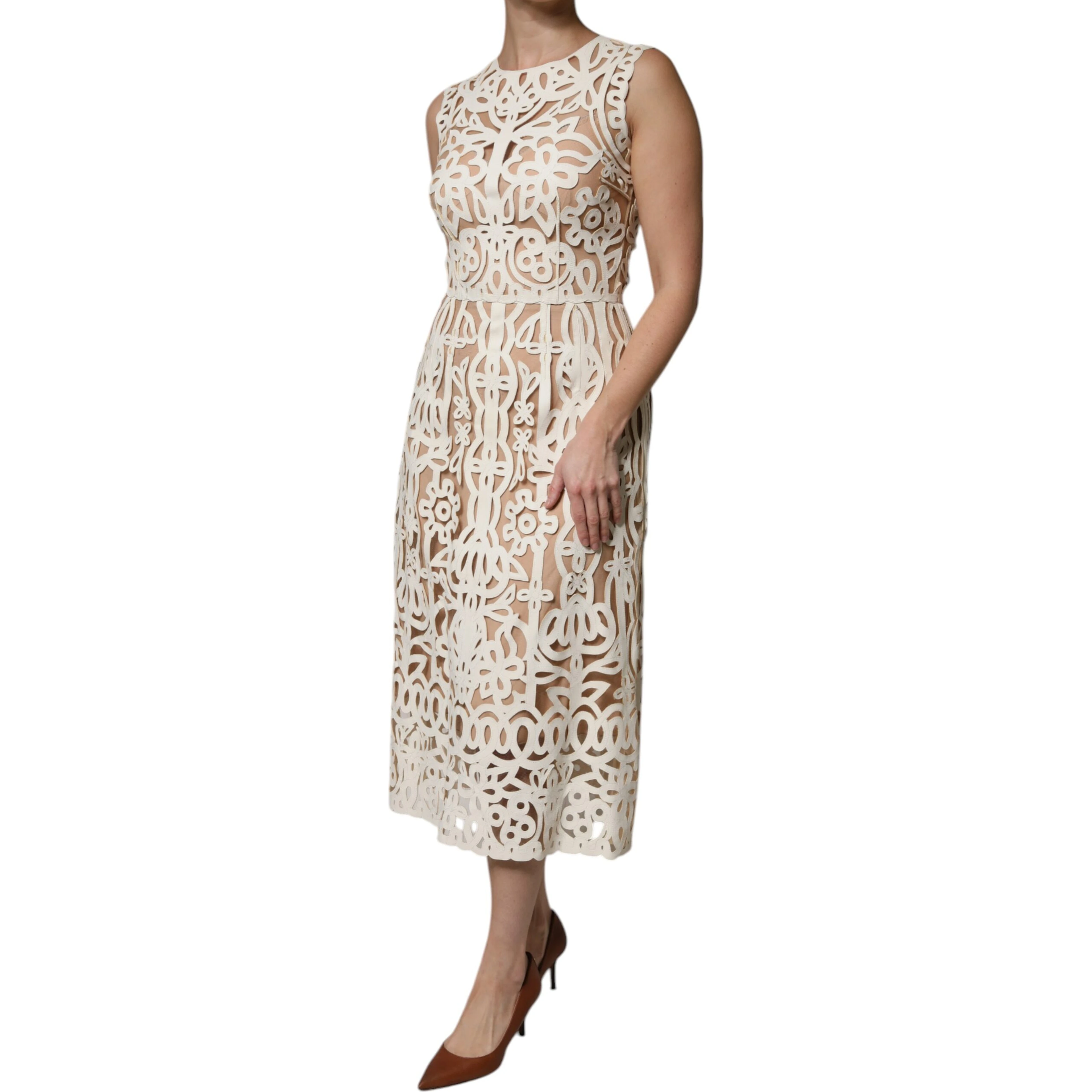 White Cut Out Leather Sleeveless Midi Dress