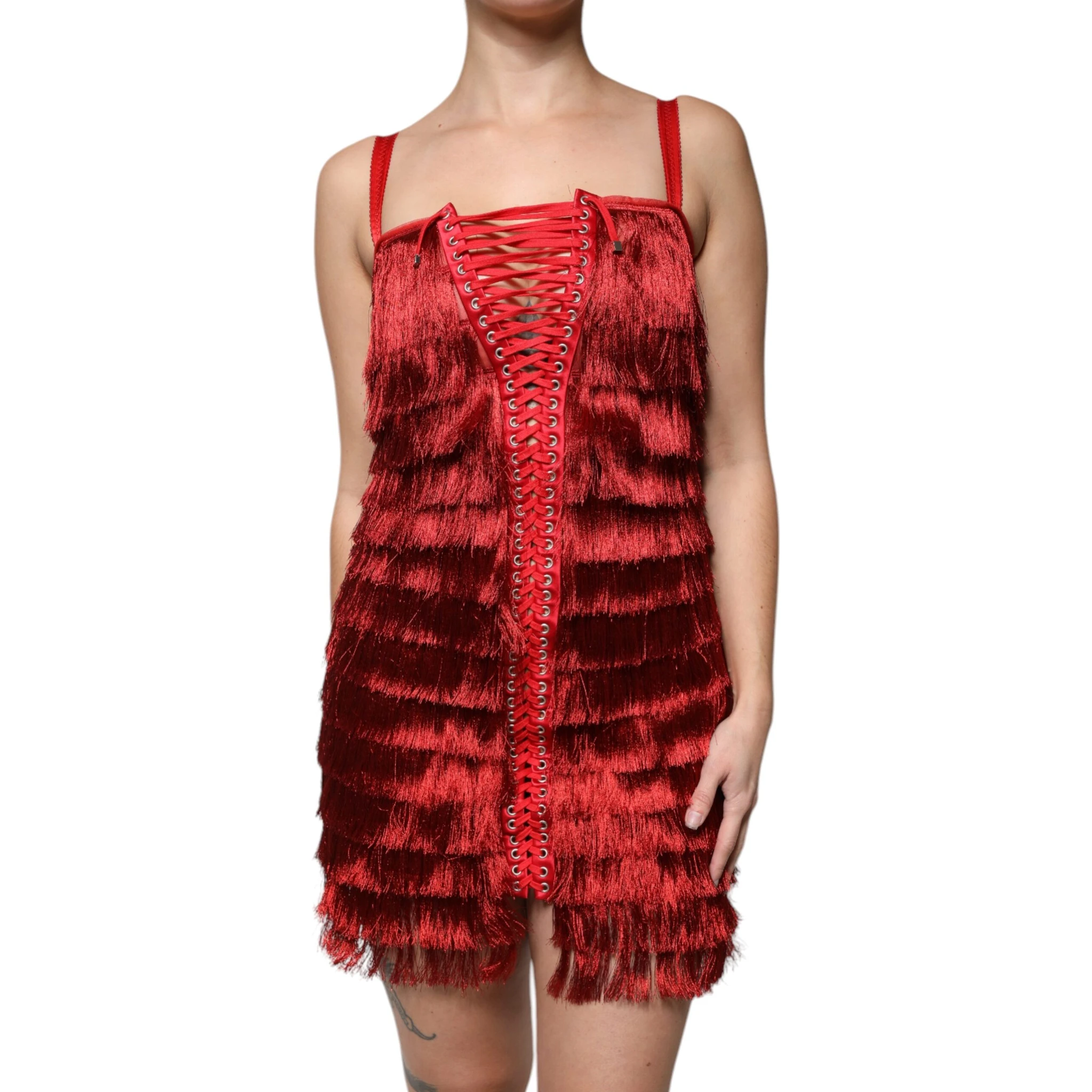 Red Lace Tassel Sleeveless Sheath Mini Dress