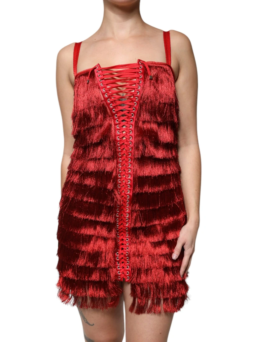 Red Lace Tassel Sleeveless Sheath Mini Dress