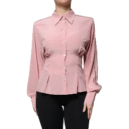 Pink Cotton Long Sleeves Collared Blouse Top