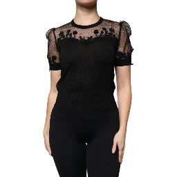 Black Floral Lace Short Sleeves Blouse Top