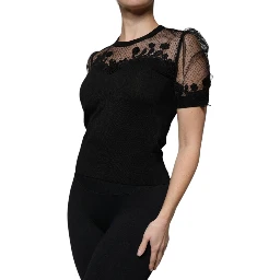 Black Floral Lace Short Sleeves Blouse Top