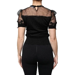 Black Floral Lace Short Sleeves Blouse Top