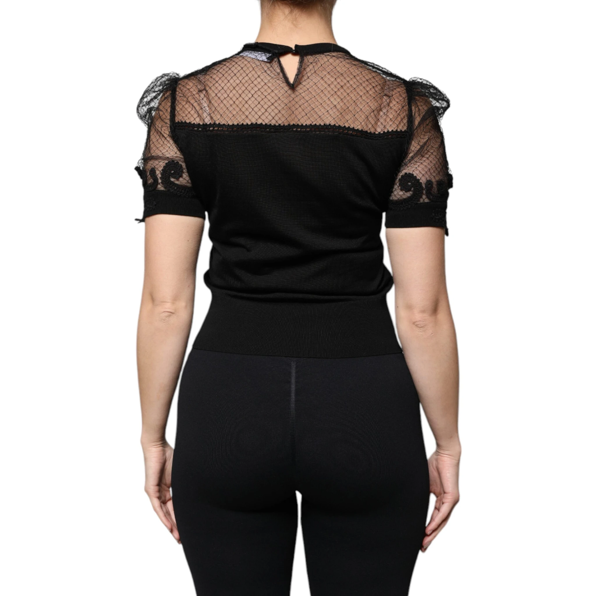 Black Floral Lace Short Sleeves Blouse Top