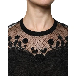 Black Floral Lace Short Sleeves Blouse Top