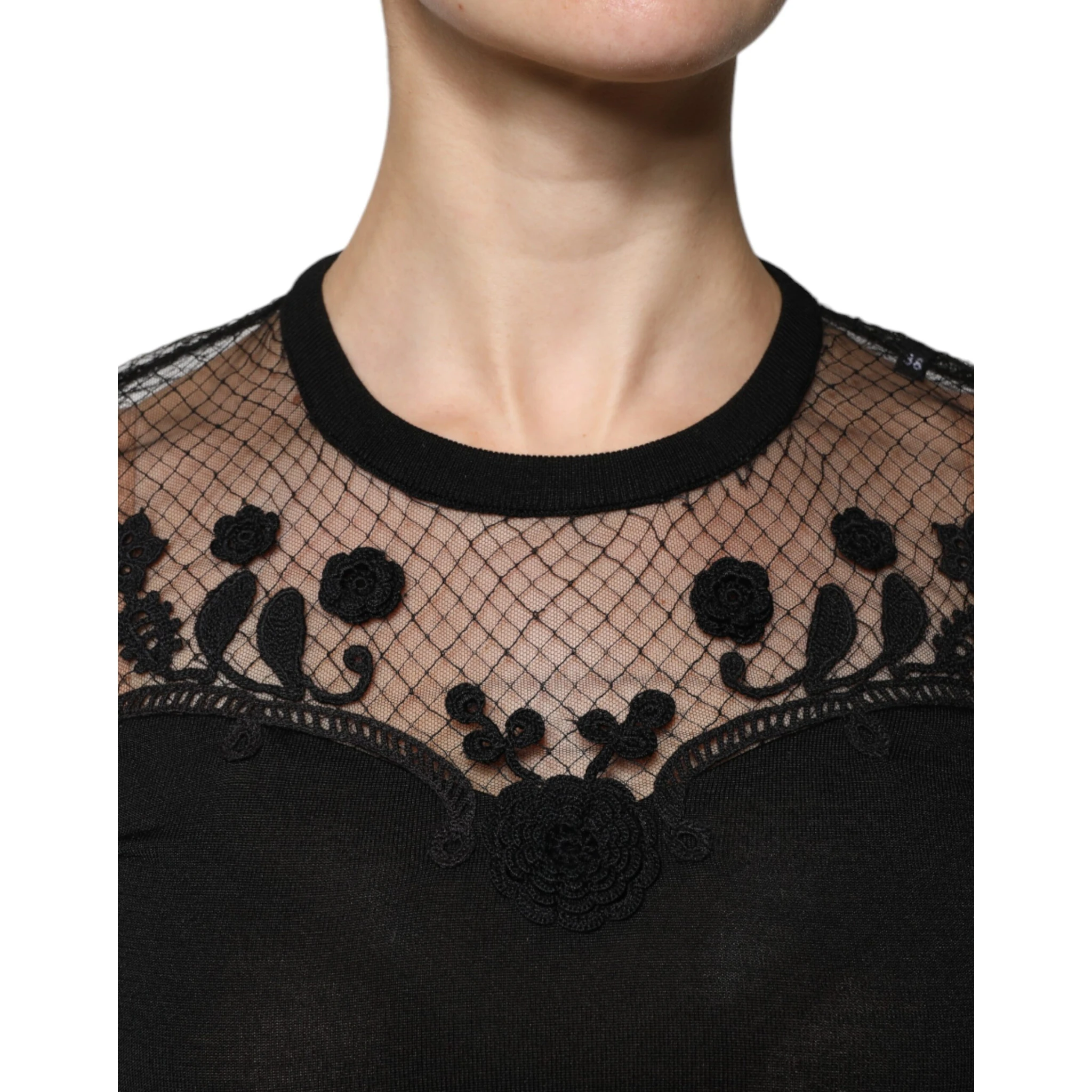 Black Floral Lace Short Sleeves Blouse Top