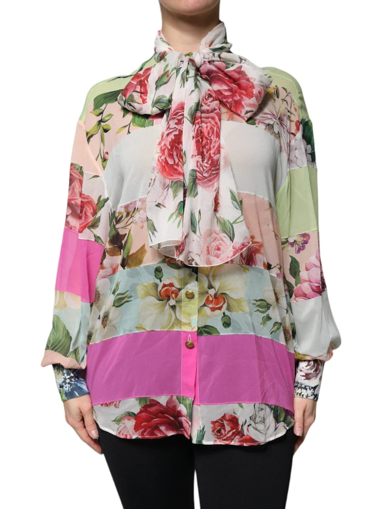 Multicolor Floral Patchwork Ascot Collar Top
