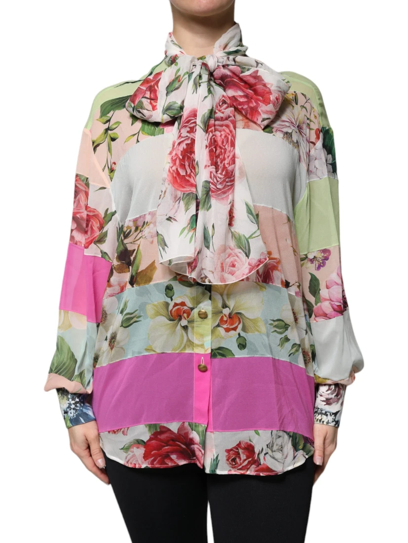 Multicolor Floral Patchwork Ascot Collar Top