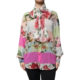 Multicolor Floral Patchwork Ascot Collar Top