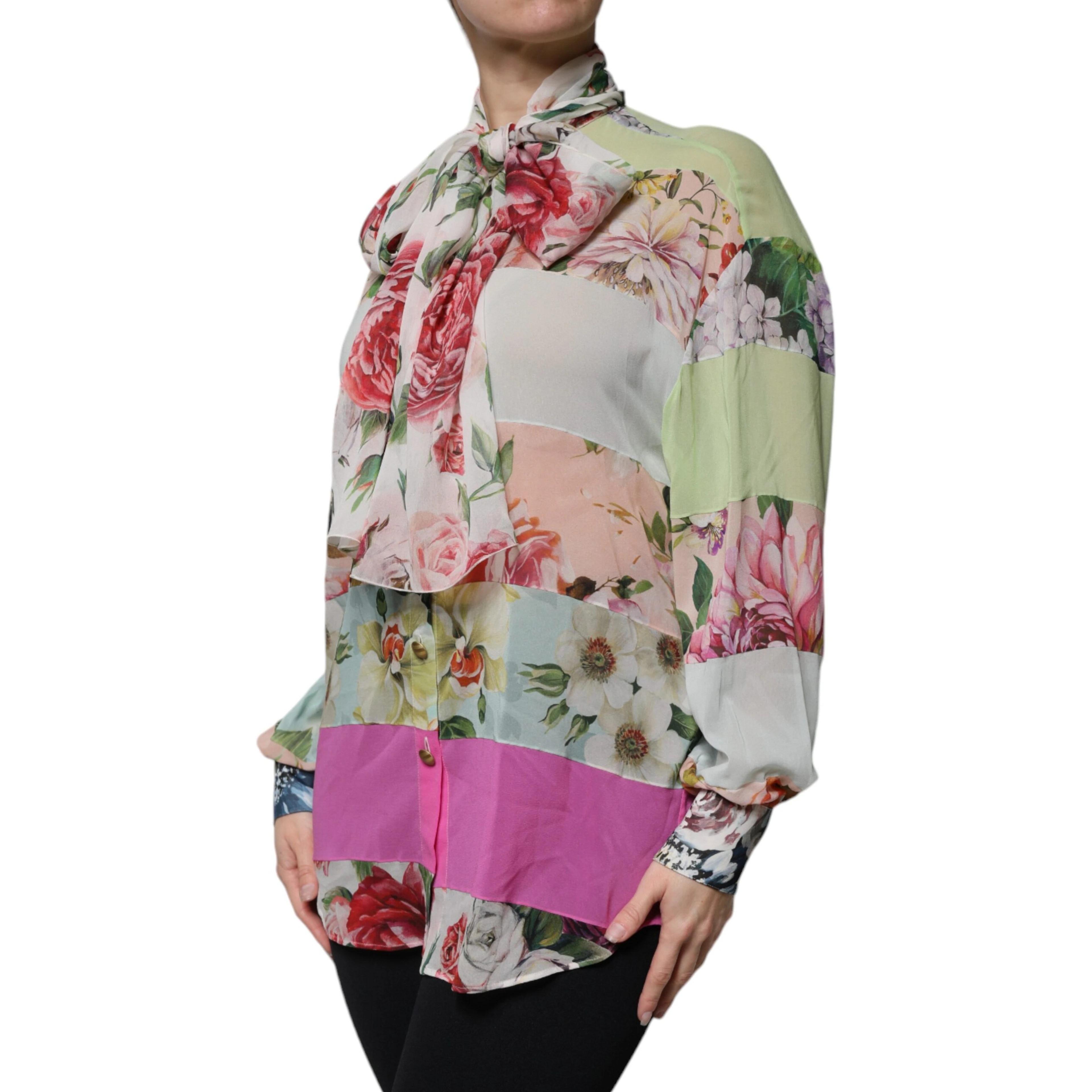 Multicolor Floral Patchwork Ascot Collar Top