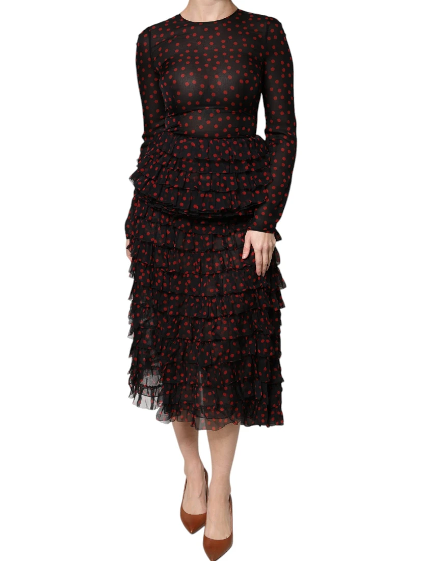 Black Red Polka Dot Silk Layered Midi Dress