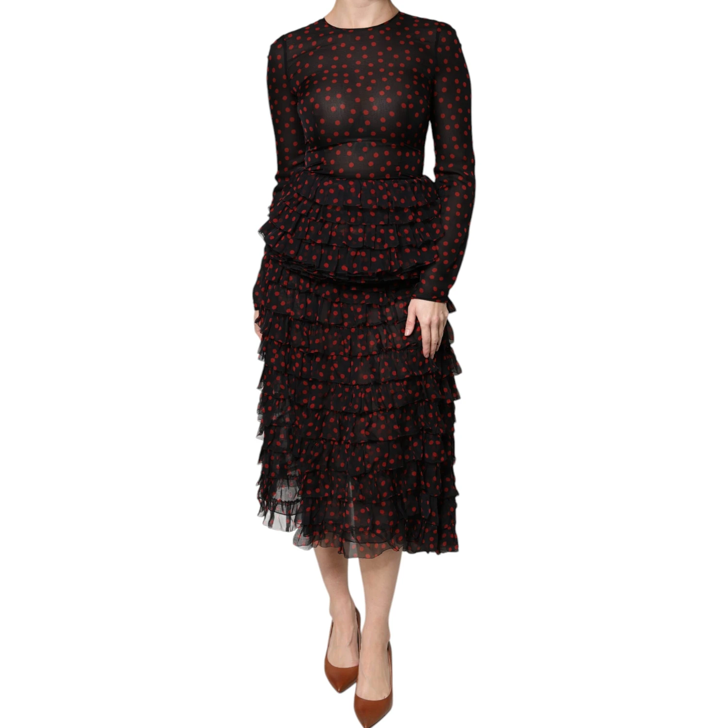 Black Red Polka Dot Silk Layered Midi Dress