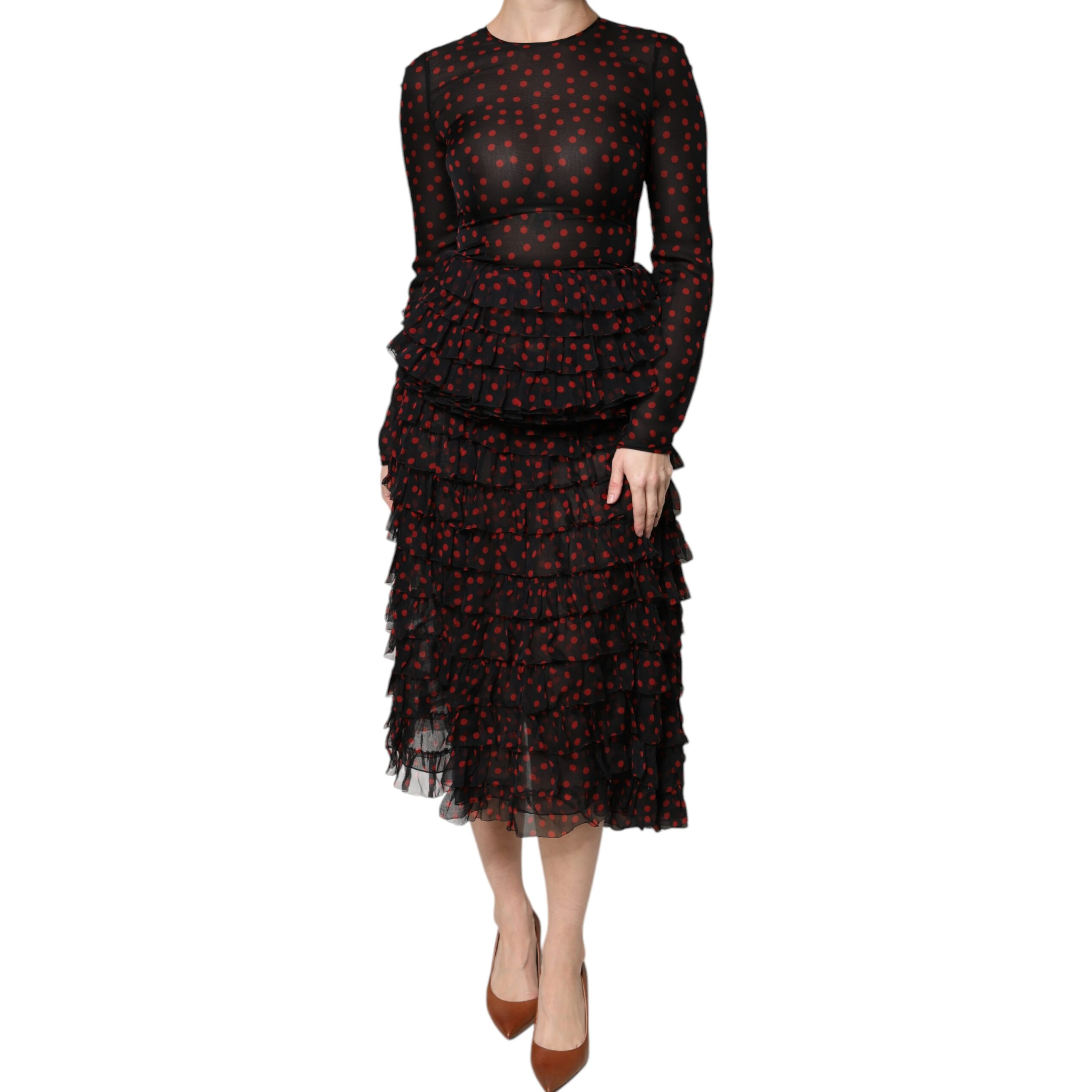 Black Red Polka Dot Silk Layered Midi Dress