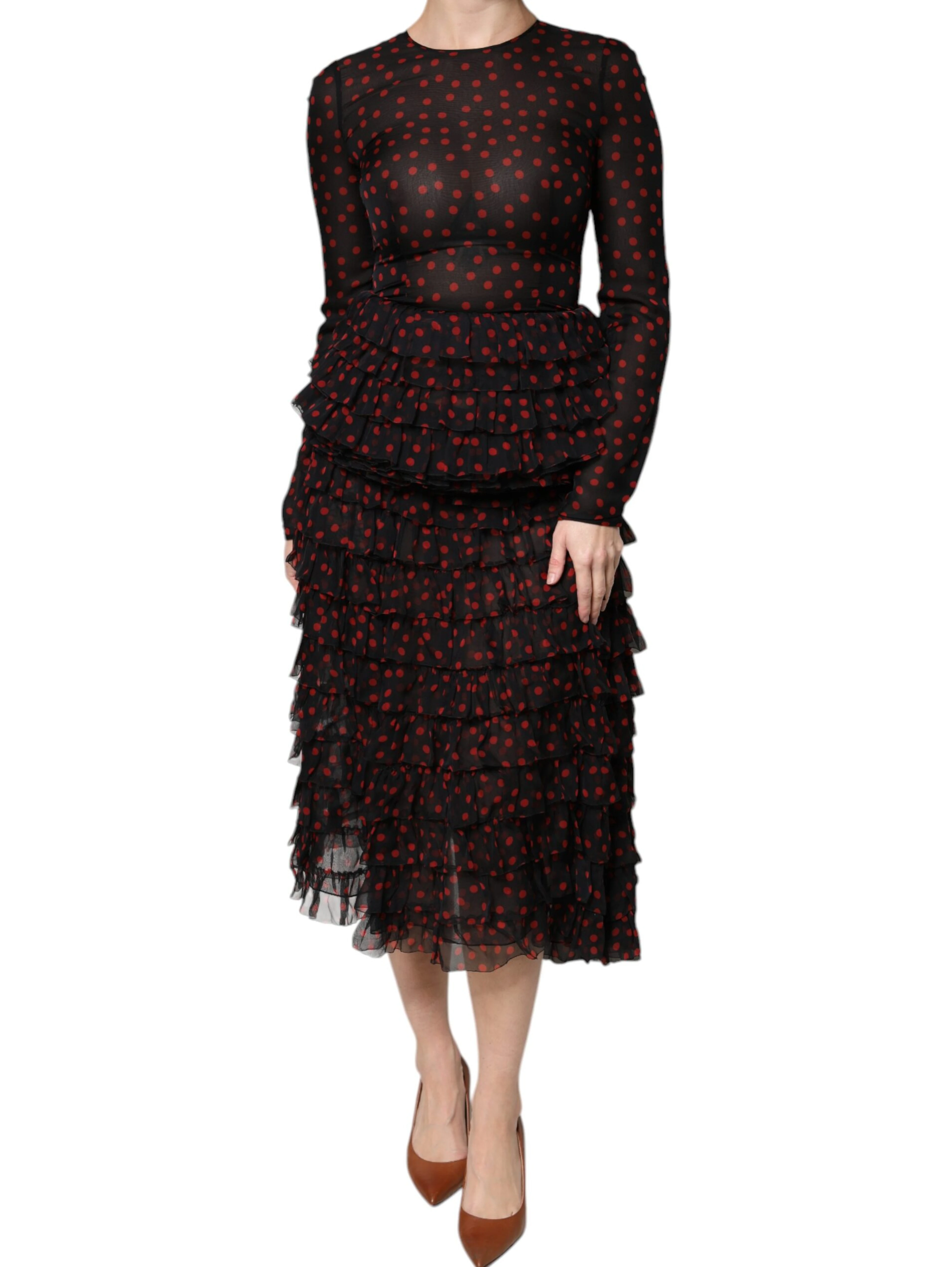 Black Red Polka Dot Silk Layered Midi Dress