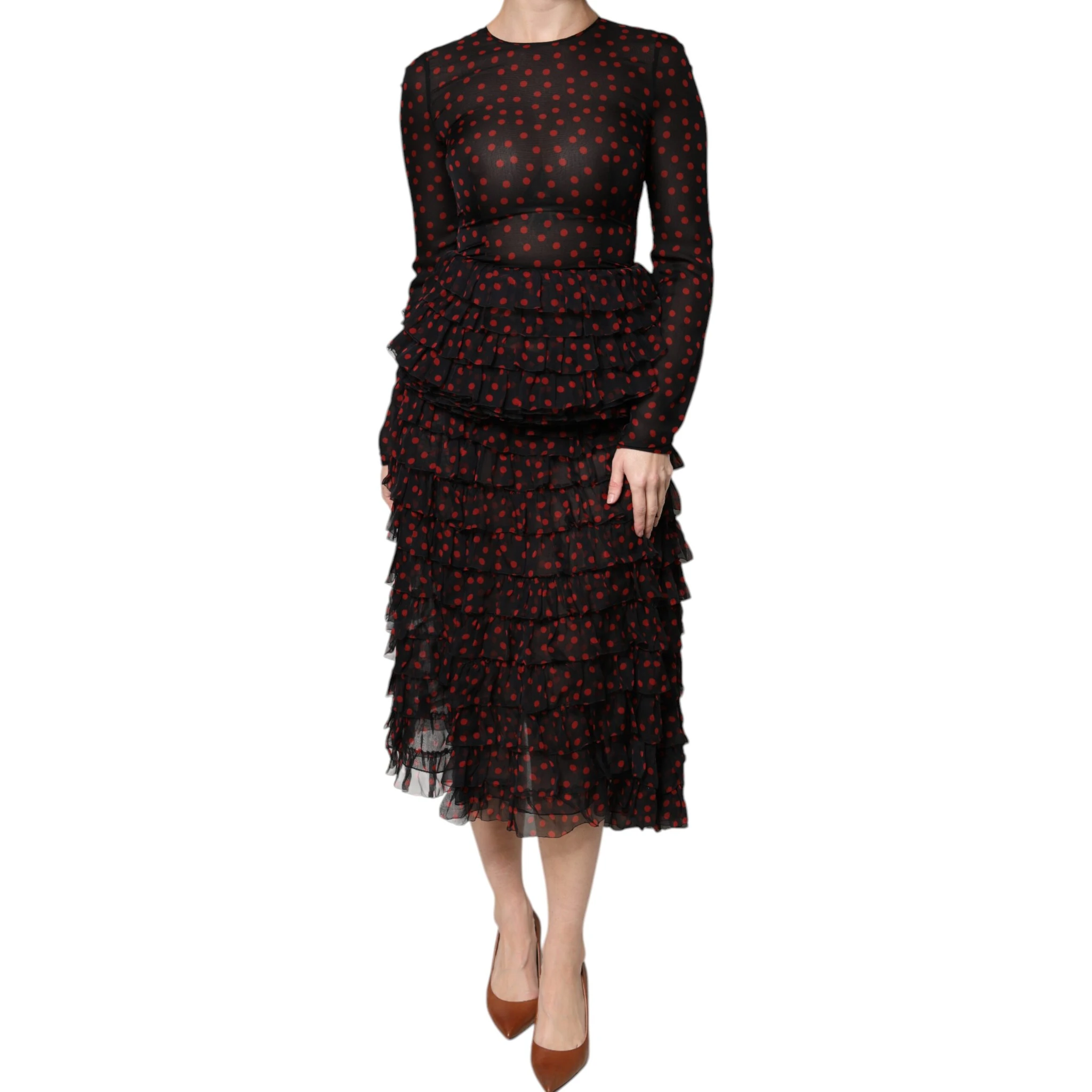 Black Red Polka Dot Silk Layered Midi Dress