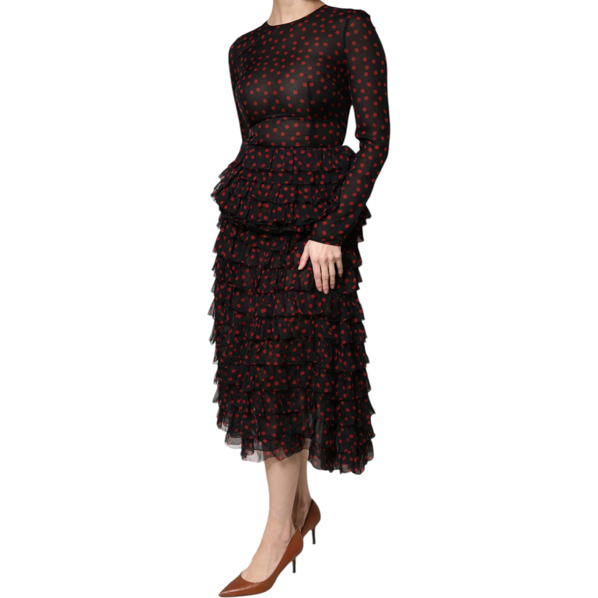 Black Red Polka Dot Silk Layered Midi Dress