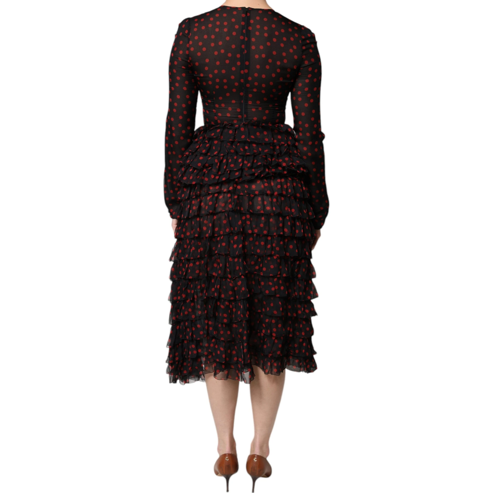 Black Red Polka Dot Silk Layered Midi Dress