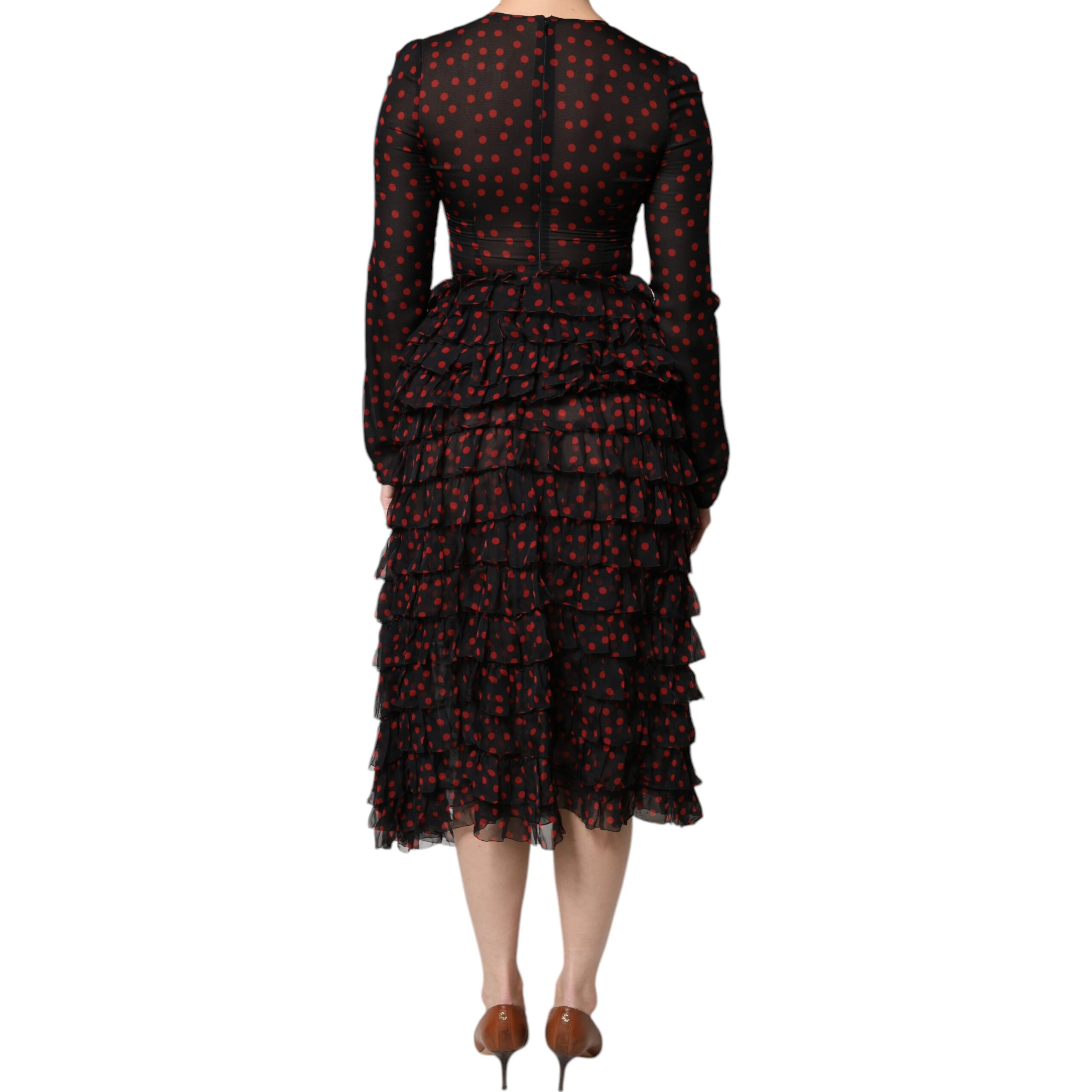 Black Red Polka Dot Silk Layered Midi Dress