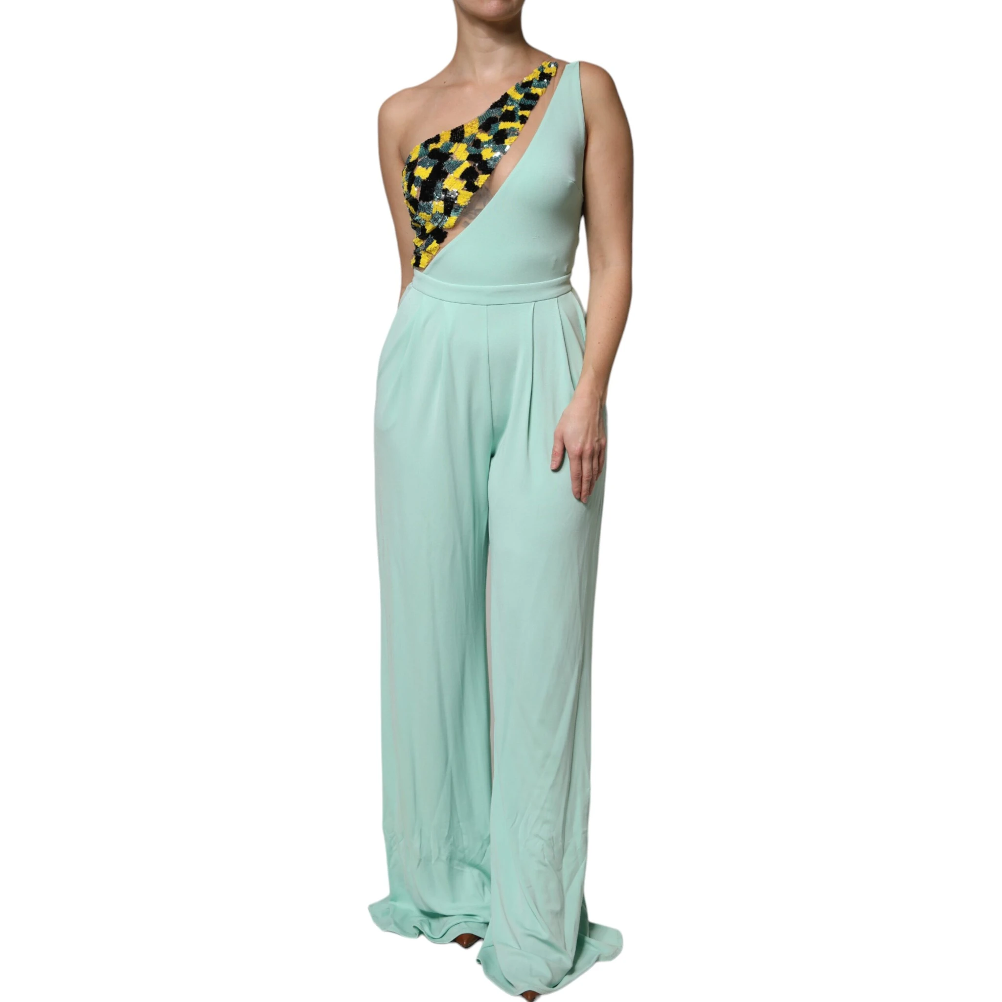 Mint Green One Shoulder Long Jumpsuit Dress