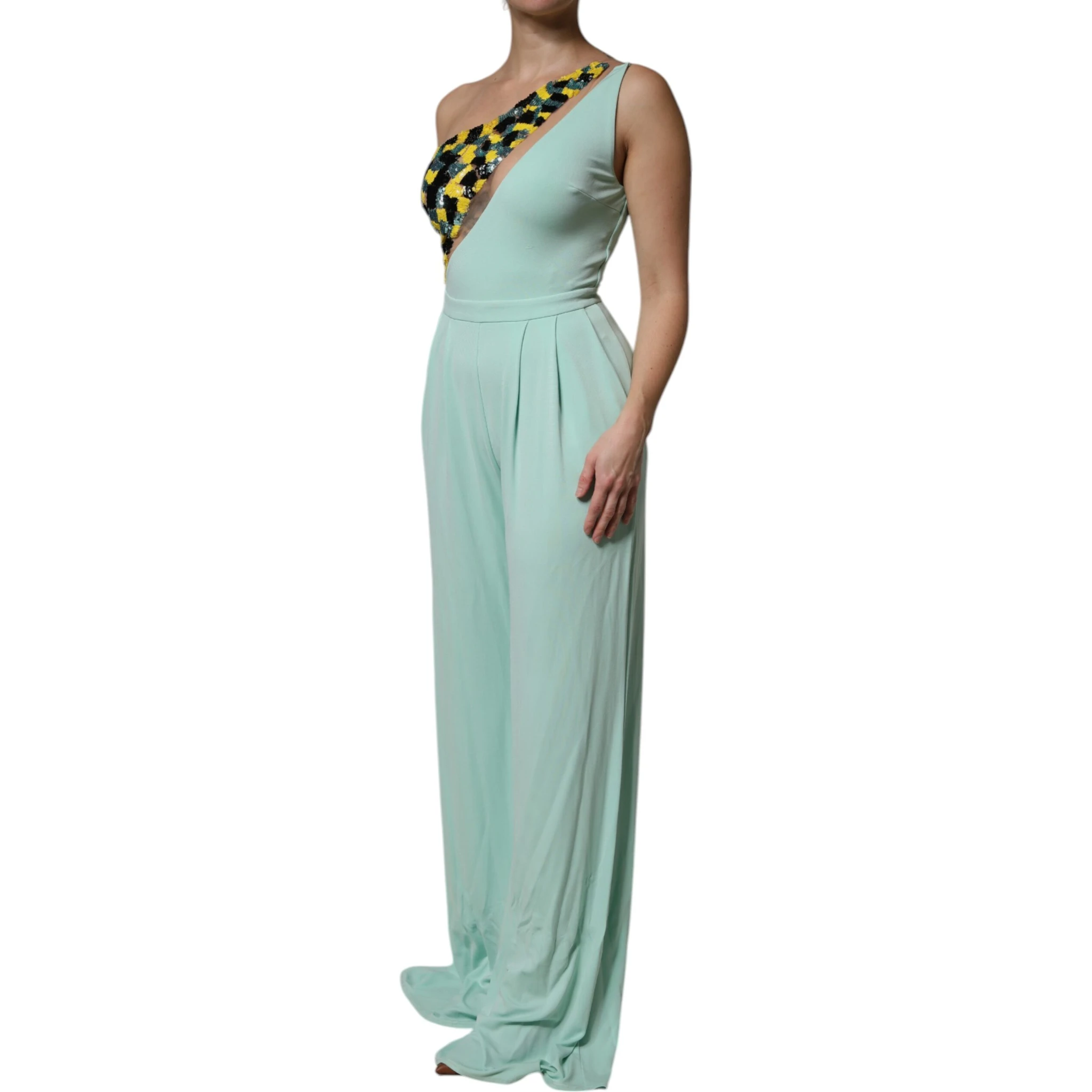 Mint Green One Shoulder Long Jumpsuit Dress