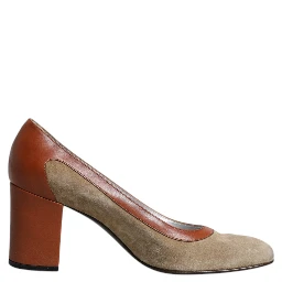 Beige Brown Leather Block Heels Pumps Shoes