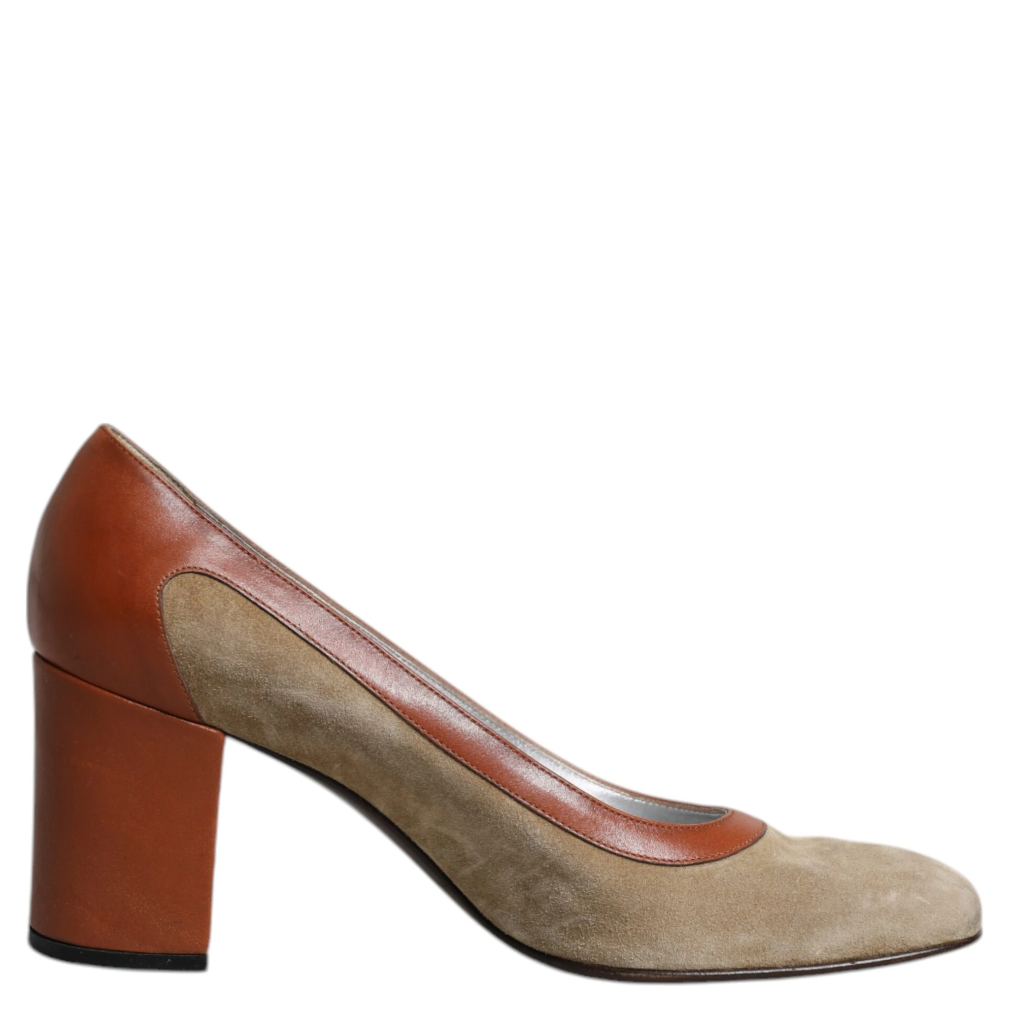 Beige Brown Leather Block Heels Pumps Shoes