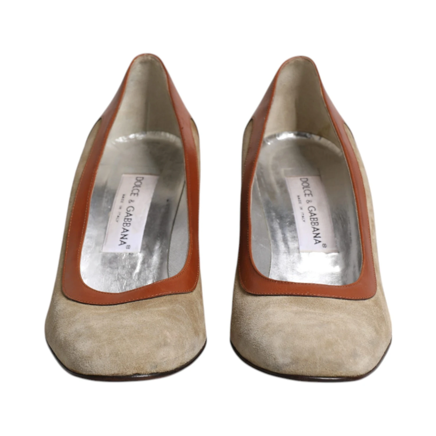 Beige Brown Leather Block Heels Pumps Shoes