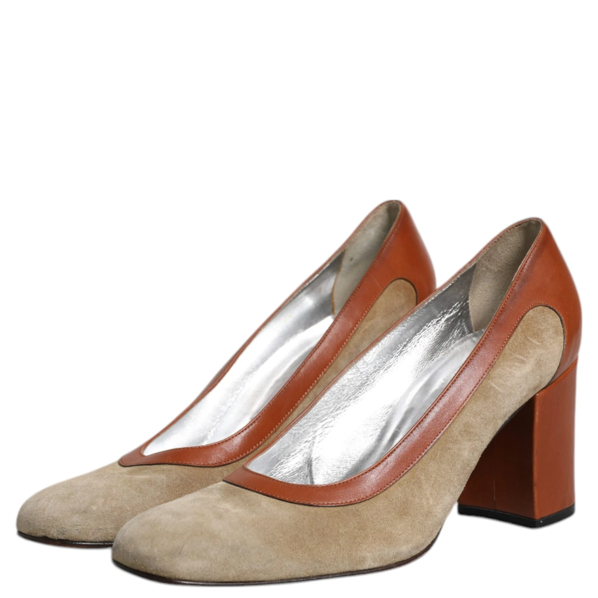 Beige Brown Leather Block Heels Pumps Shoes