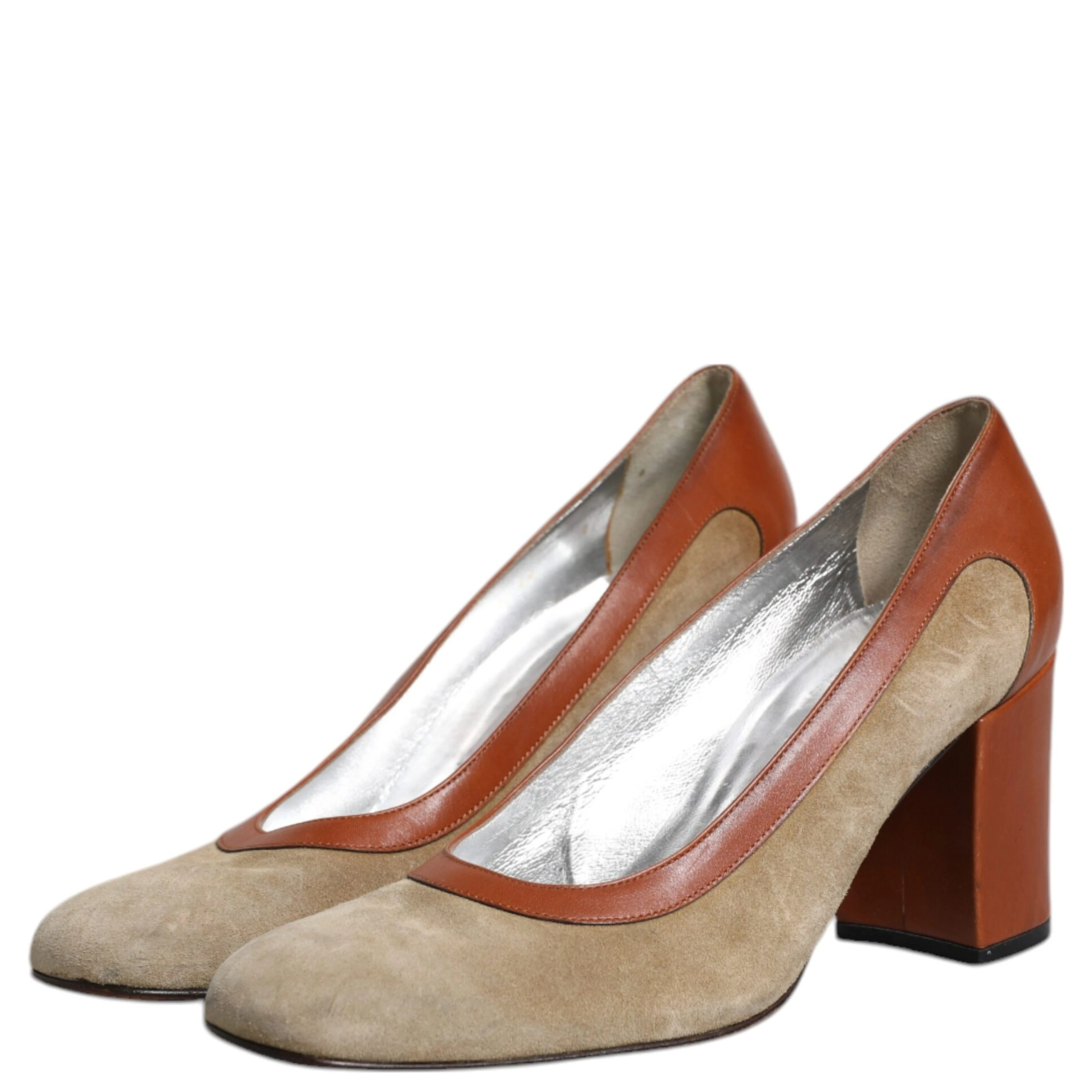 Beige Brown Leather Block Heels Pumps Shoes