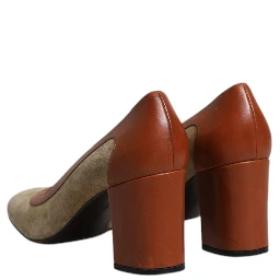 Beige Brown Leather Block Heels Pumps Shoes