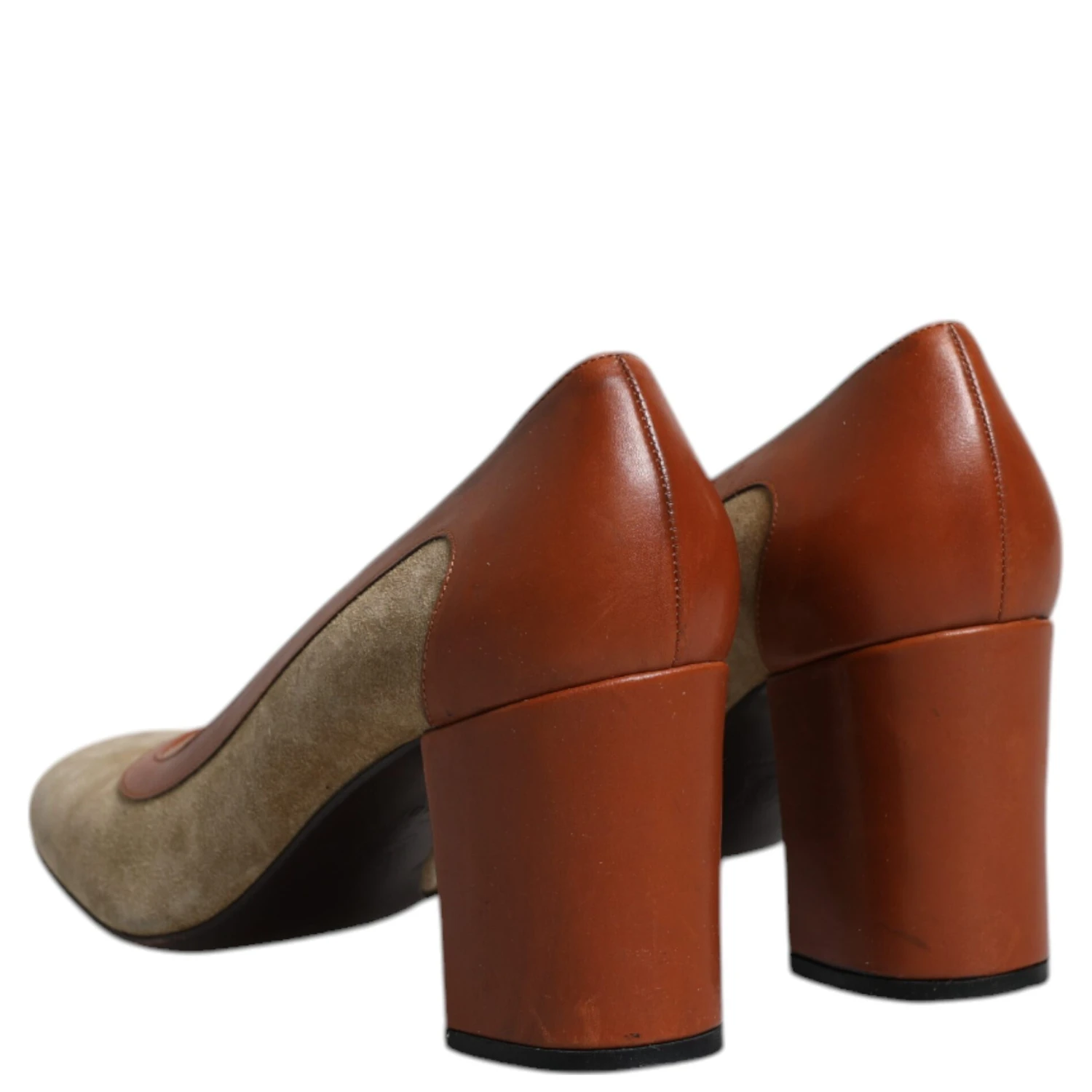 Beige Brown Leather Block Heels Pumps Shoes