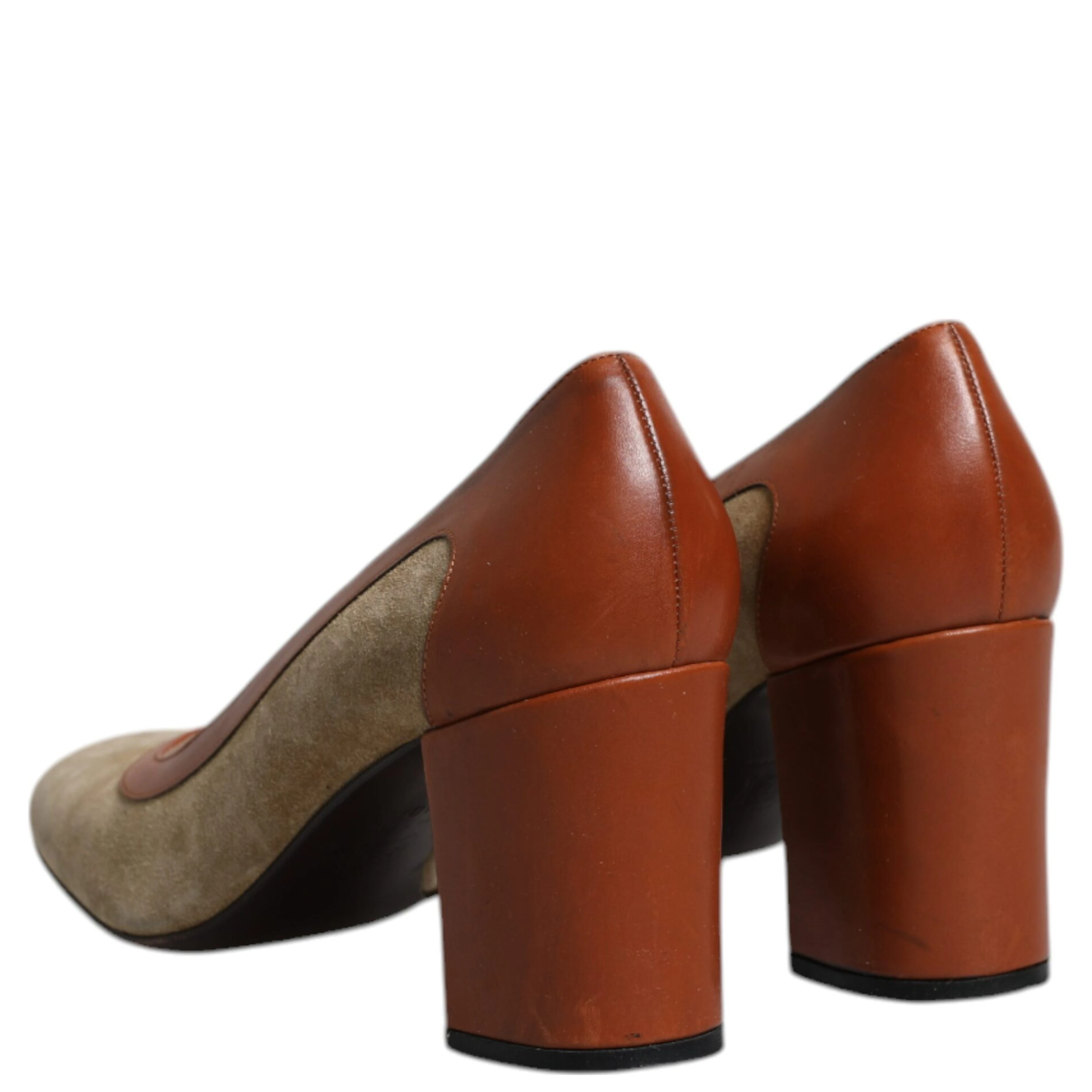 Beige Brown Leather Block Heels Pumps Shoes