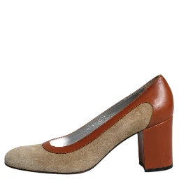 Beige Brown Leather Block Heels Pumps Shoes