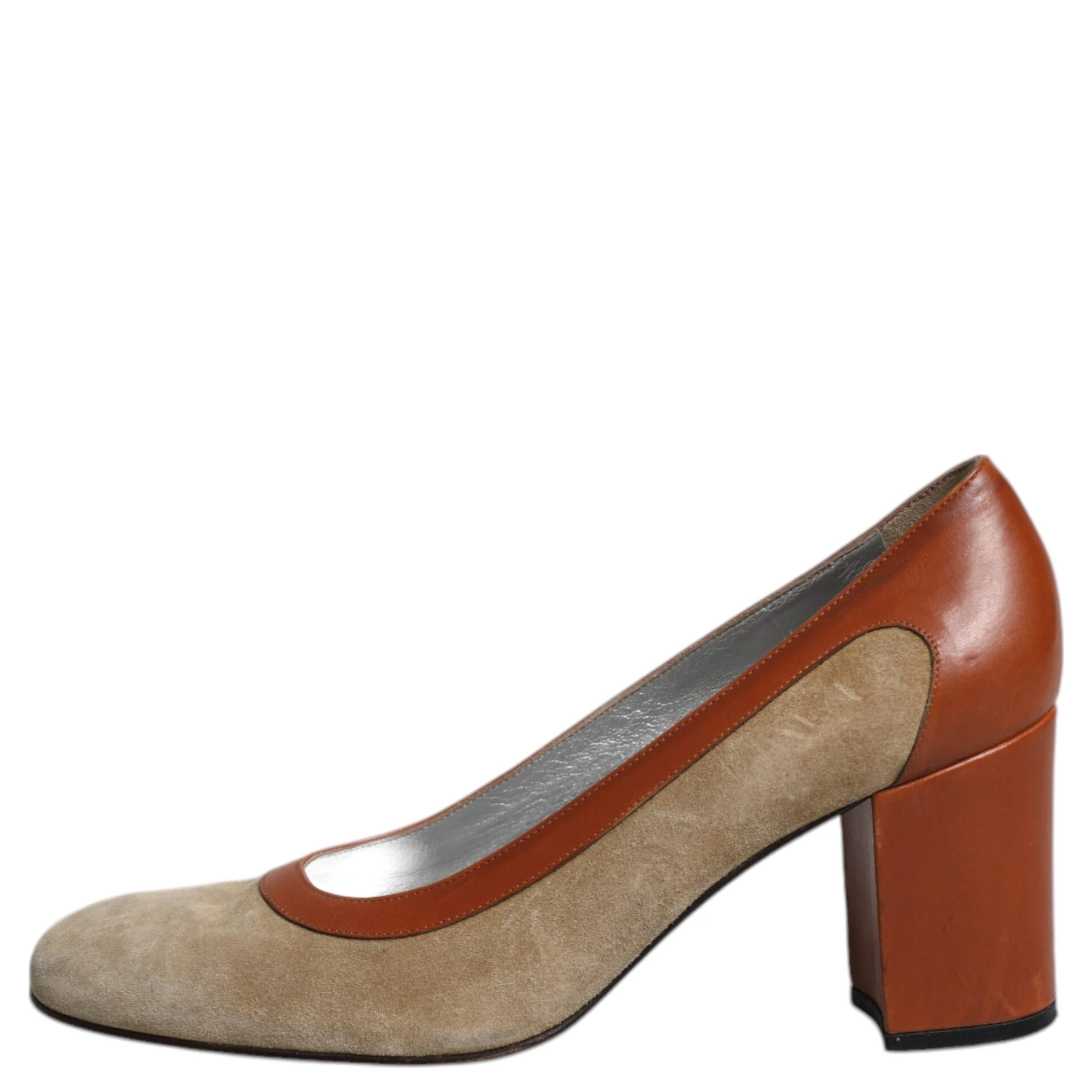 Beige Brown Leather Block Heels Pumps Shoes